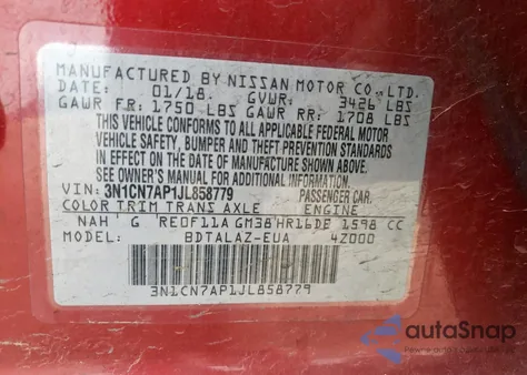 2018 Nissan Versa S z USA, uszkodzony, nr VIN 3N1CN7AP1JL858779